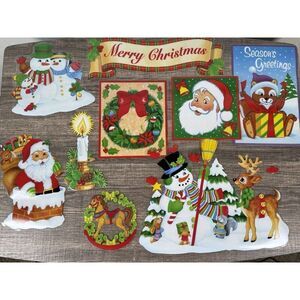 Vintage Color Clings Christmas Window Holiday Deco Lot Santa Snowman